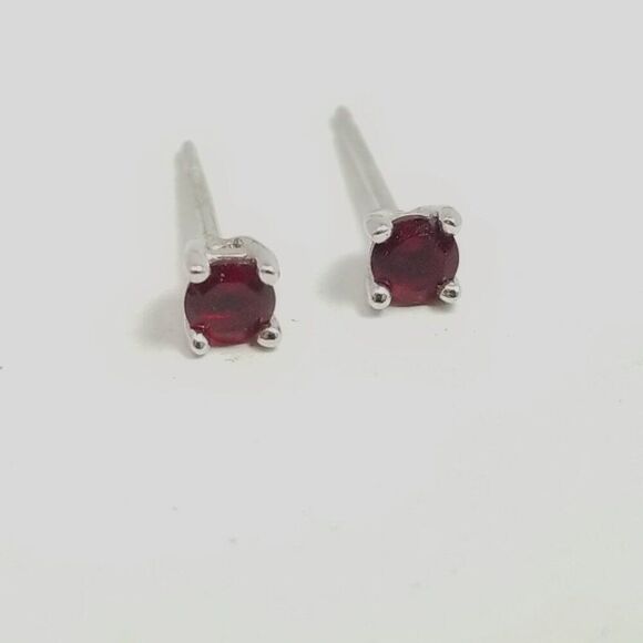 Vintage Sterling Silver and Dark Red Rhinestone Stud Earrings, No Backs, Estate - Picture 1 of 7